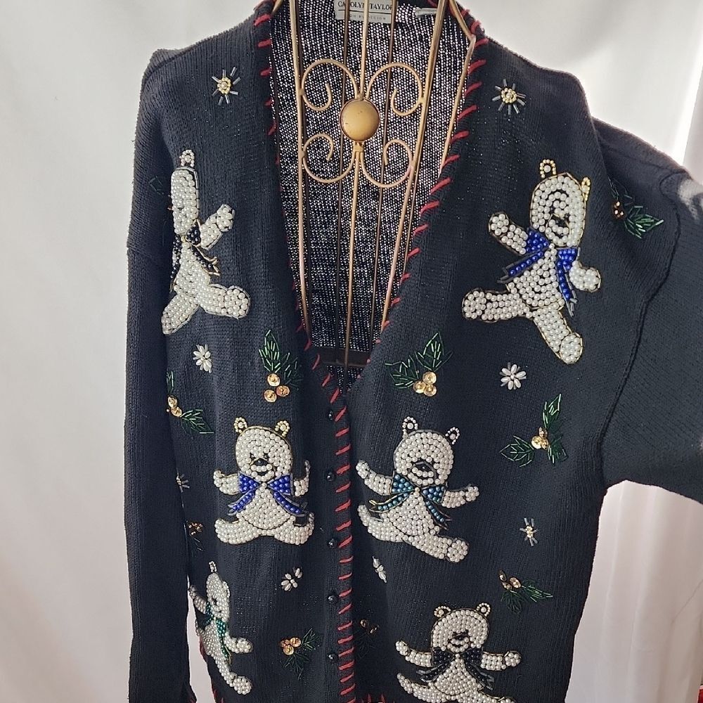 Vintage Beaded Teddy Bear Cute Ugly Christmas Sweater  With Red Stitched Trim